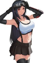 Rule 34 | 1girl, absurdres, arms up, black gloves, black hair, black thighhighs, breasts, cleavage, closed mouth, cowboy shot, crop top, elbow gloves, final fantasy, final fantasy vii, final fantasy vii remake, gloves, goggles, goggles on head, highres, kyouji44288608, large breasts, long hair, midriff, miniskirt, navel, red eyes, revision, simple background, skirt, smile, solo, stomach, suspender skirt, suspenders, tank top, thighhighs, tifa lockhart, white background, white tank top, zettai ryouiki