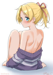 Rule 34 | 1girl, barefoot, blonde hair, blue eyes, from behind, jacket, kantai collection, maikaze (kancolle), maikaze (valentine) (kancolle), naked jacket, nude, official alternate costume, one-hour drawing challenge, ponytail, purple jacket, ray.s, simple background, sitting, solo, white background