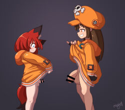 1boy absurdres animal_ears censored futanari grin guilty_gear guilty_gear_strive highres hood hoodie huge_penis may_(guilty_gear) penis red_hair riiya_(riiya932) smile smug tail