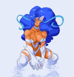 1girl animal_ears animal_hands big_hair blue_eyes blue_hair breasts cat_ears cat_girl cat_paws cat_tail claws cromwaits cropped_legs felicia_(darkstalkers) fur large_breasts long_hair looking_away muscular muscular_female solo standing tail darkstalkers very_long_hair white_fur