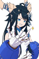 Rule 34 | 1girl, black hair, blue eyes, china dress, chinese clothes, dragon girl, dragon horns, dress, fins, hand on own hip, head fins, highres, horns, karin (p&amp;d), long hair, puzzle &amp; dragons, scales, simple background, smile, solo, teeth, tento (te nnto22), white background