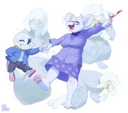 1boy 1girl alcohol animal_ears animal_feet animal_hands artist_name black_shorts blue_jacket blush breasts cardigan closed_eyes cocktail_glass commentary cup dancing deltarune dress drinking_glass english_commentary fangs furry furry_female goat_ears goat_girl grey_hood hand_in_pocket heart height_difference highres holding holding_cup holding_hands hollow_eyes hood hooded_jacket horns inuki_(aruurara) jacket large_breasts laughing long_sleeves looking_to_the_side lying multiple_views on_side one_eye_closed open_mouth pink_slippers polka_dot polka_dot_background polka_dot_dress purple_cardigan purple_dress rectangular_eyewear red_eyes sans_(undertale) semi-rimless_eyewear shirt shorts skeleton skin-covered_horns skin_fangs slippers smile socks spilling standing standing_on_one_leg toriel under-rim_eyewear white_shirt white_socks wine