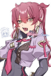 1girl black_bodysuit bodysuit cropped_jacket duel_monster evil_twin_ki-sikil highres iruka_no_kasa_(dolphin_diary) jacket ki-sikil_(yu-gi-oh!) long_hair necktie piercing purple_jacket red_hair red_necktie simple_background tongue_piercing twintails twitter_username white_background yu-gi-oh!