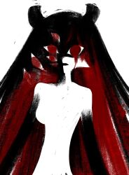 1girl black_hair colored_extremities colored_inner_hair commentary_request extra_eyes highres horns kakke666 korean_commentary long_hair looking_at_viewer multicolored_hair original pointy_ears red_eyes red_hair red_theme simple_background solo spot_color upper_body very_long_hair white_background