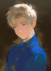 1boy blonde_hair blue_eyes blue_jacket brown_background buttons chi.:_chikyuu_no_undou_ni_tsuite closed_mouth jacket jewelry looking_to_the_side male_focus necklace parted_bangs paruteko portrait rafal_(chi.) shirt short_hair signature sketch solo upper_body white_shirt