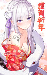 1girl 2025 absurdres animal bare_shoulders body_writing breasts chinese_zodiac cleavage closed_mouth emilia_(re:zero) floral_print flower hair_flower hair_ornament highres japanese_clothes kimono large_breasts long_hair merueru off_shoulder pointy_ears purple_eyes re:zero_kara_hajimeru_isekai_seikatsu smile snake upper_body white_hair white_snake year_of_the_snake