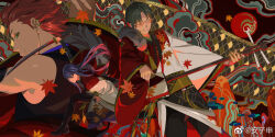 Rule 34 | 3boys, anzishen, black boots, boots, earrings, ensemble stars!, green hair, hasumi keito, highres, holding, holding sword, holding weapon, jewelry, kanzaki souma, kiryu kuro, leaf, long hair, maple leaf, multiple boys, open mouth, purple hair, smile, sword, weapon