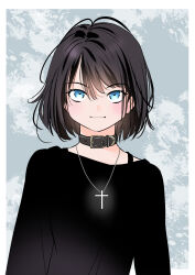 Rule 34 | 1girl, belt collar, black choker, black hair, black shirt, blue eyes, choker, collar, cross, cross necklace, jewelry, looking at viewer, necklace, original, shirt, short hair, solo, straight-on, tsurime, upper body, yamanaka kouji (yanchiki2001)