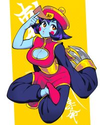 1girl 333_(dqqqdle) blue_skin breasts chinese_clothes claws cleavage colored_skin darkstalkers half_lotus_position hat highres hsien-ko jiangshi large_breasts ofuda purple_hair qingdai_guanmao short_hair sitting solo yellow_background yellow_eyes
