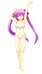 Rule 34 | 1girl, armpits, arms up, bare legs, bare shoulders, barefoot, beatmania iidx, bemani, bikini, female focus, full body, halterneck, highres, kinoshita ichi, long hair, looking at viewer, mizushiro celica, navel, one eye closed, open mouth, purple eyes, purple hair, side-tie bikini bottom, side ponytail, simple background, smile, solo, striped bikini, striped clothes, swimsuit, twintails, white background