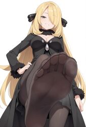 1girl black_eyes blonde_hair cynthia_(pokemon) feet hachimiso hair_over_one_eye hand_on_own_hip highres long_hair looking_at_viewer nintendo pantyhose parted_lips pokemon pokemon_dppt smile soles toes