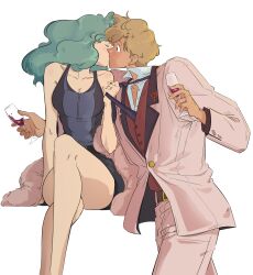 2girls absurdres bare_shoulders belt bishoujo_senshi_sailor_moon black_dress black_necktie blonde_hair blue_dress brown_belt closed_eyes clothes_grab commentary couple cup dress drinking_glass earrings english_commentary flustered green_hair highres holding holding_cup jacket jewelry kaiou_michiru kiss light_blush long_hair looking_at_another mercuri0ff multiple_girls necktie necktie_grab neckwear_grab pants red_shirt shirt short_hair simple_background surprise_kiss surprised ten&#039;ou_haruka tomboy tuxedo two-tone_dress white_background white_jacket white_pants wife_and_wife wine_glass yuri