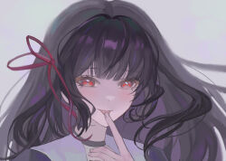 1girl black_choker black_hair chisa_(wuthering_waves) choker commentary english_commentary finger_to_tongue grey_background hair_ribbon highres long_hair looking_at_viewer oakspring1882 portrait red_eyes red_ribbon ribbon smile solo tongue tongue_out wuthering_waves