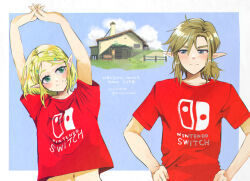 1boy 1girl arms_up artist_name blonde_hair blue_background blue_eyes blush border closed_mouth commentary_request dated english_text green_eyes hair_between_eyes hair_ornament hairclip hands_on_own_hips house link looking_at_another midriff_peek navel nintendo nintendo_switch_shirt outside_border pointy_ears princess_zelda red_shirt shirt short_sleeves smile t-shirt the_legend_of_zelda the_legend_of_zelda:_tears_of_the_kingdom twitter_username upper_body white_border zmauuchan