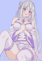 1girl bare_shoulders blush breasts cleavage dress elf emilia_(re:zero) flower hair_flower hair_ornament long_hair medium_breasts open_mouth pointy_ears purple_eyes purple_trim re:zero_kara_hajimeru_isekai_seikatsu simple_background solo sweat thighhighs warg_game white_dress white_flower white_hair