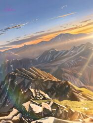 absurdres artist_name banishment blue_sky cloud commentary_request day gradient_sky highres mountain mountaintop no_humans orange_sky original outdoors rock scenery signature sky sunlight