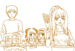 00s 1boy 3girls ;d ;p aged_up apron blush blush_stickers bread_slice chair collarbone cup drinking_glass duplicate family food fork frying_pan hairband hand_in_pocket if_they_mated knife kyon long_hair looking_at_another monochrome multiple_girls one_eye_closed open_mouth orange_theme overalls plate ponytail salad salt_shaker simple_background sitting smile spatula suzumiya_haruhi suzumiya_haruhi_no_yuuutsu table teeth toast tofu_juuji tongue tongue_out twintails white_background