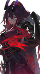 1girl arknights ascalon_(arknights) belt black_belt black_gloves black_jacket black_skirt cowboy_shot demon_girl demon_horns ear_piercing facial_mark from_side gloves glowing glowing_eyes gradient_hair hair_between_eyes high-waist_skirt high_belt highres hood hood_down horns jacket long_hair looking_at_viewer lying multicolored_hair open_clothes ozeu0916 piercing pointy_ears puffy_sleeves purple_hair purple_horns purple_shirt red_hair removing_hood shirt shoulder_belt simple_background skirt slit_pupils solo teardrop_facial_mark white_background white_hood yellow_eyes