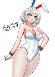 1girl absurdres animal_ear_hairband animal_ears blonde_hair blue_eyes blue_hair breasts cleavage covered_navel dated fake_animal_ears gloire_(kancolle) gloves hairband highres kantai_collection katou_shinobu large_breasts leotard looking_at_viewer multicolored_hair pantyhose playboy_bunny rabbit_ears rabbit_tail short_hair simple_background solo strapless strapless_leotard tail twitter_username white_background white_gloves white_leotard white_pantyhose wrist_cuffs