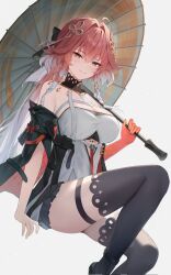 0_tang_hongcha 1girl breasts changli_(wuthering_waves) dress gloves hair_ornament highres holding large_breasts looking_at_viewer smile solo thighhighs wuthering_waves