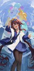 1girl :d absurdres alternate_costume arm_up balloon belt_bag black_nails black_pantyhose black_thighhighs blue_hairband blue_jacket blue_skirt blue_sky boo_tao_(genshin_impact) brown_hair building cloud collarbone colored_tips commentary feet_out_of_frame finger_gun flower-shaped_pupils genshin_impact hair_between_eyes hairband heart_balloon highres holding holding_removed_eyewear hu_tao_(genshin_impact) hu_tao_(lawson)_(genshin_impact) jacket lawson long_hair long_sleeves looking_at_viewer multicolored_hair multicolored_jacket nail_polish off-shoulder_shirt off_shoulder one_eye_closed open_clothes open_jacket open_mouth pantyhose pellas_(panix2383) pleated_skirt red_eyes red_hair shirt skirt sky smile solo star_(symbol) star_balloon sunglasses symbol-only_commentary symbol-shaped_pupils teeth thighhighs tinted_eyewear twintails two-tone_jacket unworn_eyewear upper_teeth_only very_long_hair white_jacket white_shirt yellow-tinted_eyewear