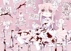1girl animal_ears apron ashi_izumo blood blood_on_clothes blood_on_face blood_splatter cat_ears child&#039;s_drawing commentary_request cross door drawing_(object) dress expressionless frilled_apron frills full_body hair_ornament highres horror_(theme) inverted_cross long_hair looking_at_viewer original pink_background pink_dress pink_hair pink_theme rabbit_hair_ornament ritual sitting solo stuffed_animal stuffed_rabbit stuffed_toy stuffing torn white_apron