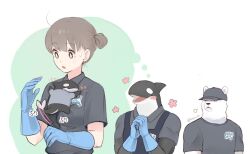 1girl 2boys apron bear bear_boy black_shirt blue_gloves blush_stickers bright_pupils brown_hair copyright_request crrispy_shark furry furry_male gloves highres hug imagining loose_hair_strand mini_person miniboy multiple_boys open_mouth orca orca_boy polar_bear rubber_gloves shirt short_sleeves size_difference sweatdrop tail tail_wagging white_pupils