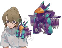 Rule 34 | 1boy, brown hair, emphasis lines, grey eyes, hair between eyes, hood, hood down, hoodie, long hair, looking at object, male focus, mark nicht, mecha, minashiro soushi (2), multiple views, noroinoenojin, on shoulder, open mouth, ponytail, robot, short sleeves, sideways glance, simple background, slouching, solo, soukyuu no fafner, sweatdrop, unamused, upper body, white background, white hoodie