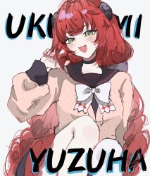 1girl black_choker black_sailor_collar bow bowtie cardigan character_name chest_bow choker green_eyes hand_in_own_hair jako_gnsn long_hair looking_at_viewer pink_cardigan red_hair sailor_collar school_uniform smile twintails ukinami_yuzuha upper_body white_bow white_bowtie zenless_zone_zero