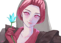 1girl ao-illust arabian_clothes black_hair closed_mouth disneyland dress farja flower gloves highres lips long_hair long_sleeves makeup pink_eyes red_gloves simple_background smile solo upper_body