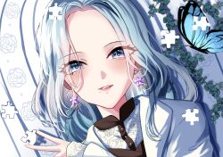 Rule 34 | 7naako5, absurdres, between fingers, blue butterfly, blue eyes, blue hair, bug, butterfly, commentary, earrings, flower, flower earrings, highres, hinomori shizuku, holding, insect, jacket, jewelry, jigsaw puzzle, long hair, official alternate costume, official alternate hairstyle, parted bangs, parted lips, plant, portrait, project sekai, purple flower, puzzle, sidelocks, sleeves past wrists, smile, symbol-only commentary, upper body, vines, white jacket