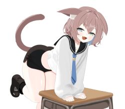 Rule 34 | 1girl, :d, absurdres, animal ear fluff, animal ears, arm support, bent over, black boots, black sailor collar, black shorts, blue eyes, blue hair, boots, brooch, brown hair, cat ears, cat girl, cat tail, colored inner hair, desk, ears down, fang, foot up, green eyes, half-closed eyes, hat, heterochromia, highres, indie virtual youtuber, jewelry, light blush, long sleeves, looking at viewer, michiyo mao, midriff, multicolored hair, necktie, onli720justmao, open mouth, puffy long sleeves, puffy sleeves, sailor collar, school desk, school uniform, serafuku, short hair, shorts, skin fang, sleeves past wrists, smile, smug, star brooch, tail, thick thighs, thighs, virtual youtuber, white background, white serafuku, window, window shadow