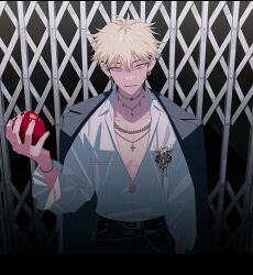 1boy apple badge belt black_belt black_hair black_jacket black_pants blonde_hair bracelet chain chain_necklace collarbone collared_shirt cowboy_shot ear_piercing earrings food frilled_sleeves frills fruit hand_in_pocket hand_up highres holding holding_food holding_fruit inplick jacket jacket_on_shoulders jewelry long_sleeves looking_at_viewer male_focus multicolored_hair necklace official_alternate_costume official_art open_collar orange_eyes pants parted_lips pectoral_cleavage pectorals piercing second-party_source shiguang_dailiren shirt short_hair smile solo spiked_hair standing two-tone_hair upper_body wallet_chain white_shirt xia_fei