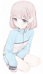 1girl absurdres bare_legs blue_shorts blunt_bangs blush commentary_request earrings full_body grey_hair highres idolmaster idolmaster_shiny_colors jacket jewelry light_blush long_sleeves looking_to_the_side partial_commentary serizawa_asahi shoes short_hair short_shorts shorts simple_background sleeves_past_fingers sleeves_past_wrists sneakers solo squatting stud_earrings track_jacket tsuchi_(sh_spica1) white_background white_shoes