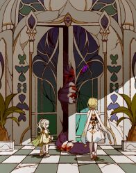 2girls age_difference animal animalization bandaged_tail bandages blood blood_on_tail bloodshot_eyes broken_door cat child chinese_commentary claws colored_sclera commentary constricted_pupils covered_face dappled_sunlight door facing_away from_behind genshin_impact height_difference highres huamouflora injury light_particles looking_at_another lumine_(genshin_impact) monster multiple_girls nahida_(genshin_impact) oversized_animal purple_sclera scaramouche_(genshin_impact) sunlight through_door wanderer_(genshin_impact) wide_shot