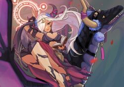 1girl absurdres book breasts cleavage dark_skin dragon fire_emblem fire_emblem_engage hair_between_eyes high_heels highres horns jewelry large_breasts long_hair magic monster_girl netugen33 nintendo pointy_ears purple_eyes red_eyes solo tagme white_hair wyvern zephia_(fire_emblem)