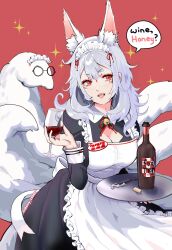 1girl alcohol alternate_costume animal_ear_fluff animal_ears apron black_dress bottle bottle_opener breasts cherry_cheezy cleavage cork cup dress drinking_glass english_text enmaided eyeshadow fox_ears fox_girl fox_tail grey_hair highres holding holding_cup holding_tray long_hair looking_to_the_side maid maid_headdress makeup mature_female medium_breasts mole mole_under_eye multiple_tails nijisanji nijisanji_en nina_kosaka red_background red_eyes red_eyeshadow solo sparkle speech_bubble tail tray twitter_username virtual_youtuber white_apron wine wine_bottle wine_glass