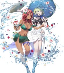 2girls attack bikini blonde_hair bracelet breasts colored_inner_hair constance_von_nuvelle constance_von_nuvelle_(summer) dark-skinned_female dark_skin drill_hair drill_sidelocks fire_emblem fire_emblem:_three_houses fire_emblem_heroes flower folding_fan food green_bikini hair_flower hair_ornament hairband hand_fan hapi_(fire_emblem) hapi_(summer)_(fire_emblem) highres holding holding_umbrella ice_cream jewelry medium_breasts medium_hair multicolored_hair multiple_girls nail_polish navel nintendo non-web_source official_alternate_costume official_art one-piece_swimsuit open_mouth parasol purple_eyes purple_hair red_eyes red_hair sandals sarong short_hair sidelocks smile swimsuit umbrella water white_sarong