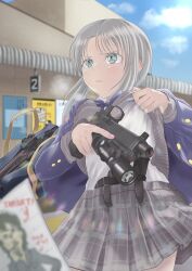 Rule 34 | 1girl, absurdres, appendix carry, bag, blue bow, blue jacket, blue sky, bow, breath, building, cardigan, concealed weapon, cowboy shot, drawing (action), drawing (object), dropped object, green eyes, grey cardigan, grey hair, gun, highres, holding, holding gun, holding weapon, holster, jacket, kazami-rego, long sidelocks, long sleeves, looking afar, magazine (weapon), original, outdoors, pink nails, pleated skirt, school bag, school uniform, shirt, sidelocks, skirt, sky, standing, weapon, weapon focus, white shirt