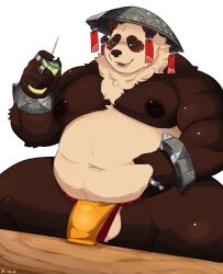 1boy absurdres animal_ears bara bell belly biceps black_fur bracelet bulge can commentary drinking_straw english_commentary fat fat_man furry furry_male hand_on_own_stomach highres holding holding_can jewelry jingle_bell loincloth looking_at_viewer male_focus manotakagi multicolored_fur multiple_rings navel nipples open_mouth pan_yinhu panda_boy panda_ears pectorals ring sitting smile spiked_bracelet spikes topless_male white_background white_fur wok zenless_zone_zero