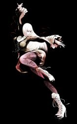 Rule 34 | 1girl, absurdres, black background, black dress, blonde hair, blunt bangs, boots, dress, emilie de rochefort, fingerless gloves, fujisawa tomio, gloves, highres, leg up, long hair, non-web source, official art, pantyhose, parted lips, pink eyes, simple background, solo, tekken, tekken 7, white boots, white hair