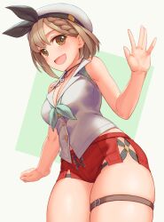 1girl :d atelier_(series) atelier_ryza atelier_ryza_2 bare_arms bare_shoulders beret braid breasts brown_eyes brown_hair cleavage collared_shirt commentary_request cowboy_shot green_background hat jewelry key key_necklace large_breasts necklace open_mouth red_shorts reisalin_stout rotix shirt short_hair short_shorts shorts sleeveless sleeveless_shirt smile solo standing thick_thighs thigh_strap thighs two-tone_background waving white_background white_hat white_shirt