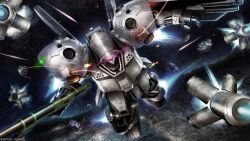 absurdres asteroid axis_(gundam) battle beam_rifle cable char&#039;s_counterattack char&#039;s_counterattack_-_beltorchika&#039;s_children color_variation copyright_logo energy energy_beam energy_gun firing funnels_(gundam) glowing gundam gundam_battle_operation_2 highres lens_flare machinery mecha mecha_focus mobile_suit neo_zeon no_humans one-eyed painting_(medium) psycho_doga realistic robot scan science_fiction shield space sunrise_(company) tenjin_hidetaka thrusters traditional_media weapon zero_gravity