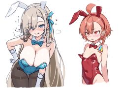 Rule 34 | 2girls, animal ears, asuna (blue archive), asuna (bunny) (blue archive), black pantyhose, blue archive, blue bow, blue bowtie, blue leotard, blush, bow, bowtie, braid, breast envy, breasts, brown hair, covered navel, cowboy shot, detached collar, dot nose, elbow gloves, embarrassed, fake animal ears, gloves, highleg, highleg leotard, large breasts, leaning forward, leotard, long hair, mole, mole on breast, multiple girls, nattocurryumeee, neru (blue archive), neru (bunny) (blue archive), nipples, no halo, nose blush, official alternate costume, open mouth, pantyhose, playboy bunny, puffy nipples, rabbit ears, red bow, red bowtie, red hair, red leotard, short hair, simple background, single braid, small breasts, standing, tongue, tongue out, very long hair, wardrobe malfunction, wavy mouth, white background, white gloves