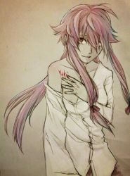 1girl aka16 bad_id bad_pixiv_id blood bow breasts dress_shirt female_focus gasai_yuno hand_on_own_chest long_hair mirai_nikki nipple_slip nipples pink_hair shirt shirt_slip small_breasts solo twintails