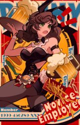! !! 1girl :o absurdres accident alcohol animal_ears badge bare_shoulders beer beer_mug black_bow black_bowtie black_footwear black_pantyhose bow bowtie braid breasts brown_hair bunny_bunny_(reverse:1999) burger chahu_lililala clothing_cutout cowboy_shot cup detached_collar dropped_food english_text fake_animal_ears foam food french_fries from_side green_eyes hands_up high_heels highres holding holding_tray leg_up leotard looking_to_the_side low_twin_braids medium_breasts mug open_mouth pantyhose playboy_bunny rabbit_ears red_background reverse:1999 shoulder_cutout solo spilling strapless strapless_leotard traditional_bowtie tray turning_head twin_braids