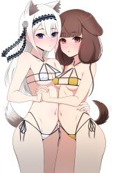 2girls :/ :o absurdres alternate_costume animal_ears arm_around_back bikini blue_eyes blunt_bangs blush breasts brown_eyes brown_hair closed_mouth collarbone cowboy_shot dog_ears dog_girl dog_tail hair_between_eyes hair_ornament highres holding_hands hug iino_miko interlocked_fingers kaguya-sama_wa_kokurasetai_~tensai-tachi_no_renai_zunousen~ long_hair medium_breasts micro_bikini multiple_girls navel orange_bikini roswell_ss shirogane_kei swimsuit tail white_bikini