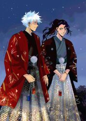 2boys andythelemon black_eyes black_hair bracelet charm_(object) earrings eyebrows eyelashes getou_suguru gojou_satoru hair_ribbon happy highres jewelry jujutsu_kaisen long_hair looking_at_another male_focus multiple_boys night night_sky outdoors own_hands_clasped pale_skin piercing ponytail profile red_ribbon ribbon short_hair sky smile star_(sky) walking watermark white_hair