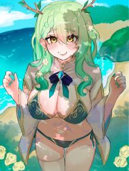 1girl absurdres antler_ribbon antlers beach bikini blush braid braided_bangs branch breasts ceres_fauna ceres_fauna_(1st_costume) cleavage earrings enami_(seisoumimi) flower green_hair green_nails hair_branch hair_flower hair_ornament highres holocouncil hololive hololive_english horns jewelry large_breasts long_hair looking_at_viewer mole mole_under_eye multicolored_hair navel open_mouth side-tie_bikini_bottom smile solo swimsuit tree_horns virtual_youtuber yellow_eyes