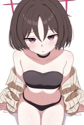1girl bare_shoulders bikini black_bikini black_choker blue_archive blush breasts brown_hair brown_shirt choker from_above hair_between_eyes halo highres invisible_chair io9 looking_at_viewer misaki_(blue_archive) misaki_(swimsuit)_(blue_archive) navel parted_lips red_eyes red_halo shirt shirt_partially_removed short_hair simple_background sitting small_breasts solo swimsuit white_background